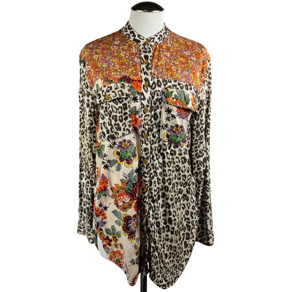 Pilcro Women's Blouse‎ Small Multi Beige Mixed Print Shirt Leopard Floral Top